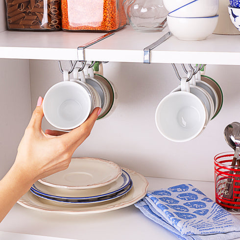 EDNA HOME Mug Cups Storage Rack, Drilling-Free Under Cabinet Closet Holder Hooks for Hanging Mugs, Ties, Belts, Scarf, Kitchen Utensils, Necklace and More, 10 Hooks, Made in Europe